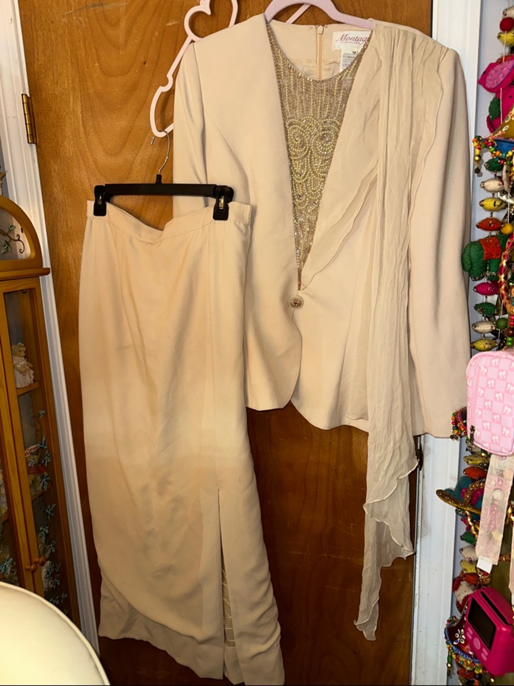 Montage by Mon Cheri Ivory-Beige Skirt Suit with Beaded Shell